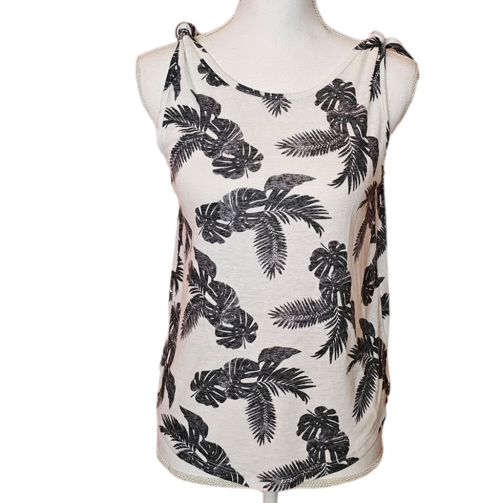 Old Navy White & Black Tie Shoulder Pull Over Palm Leaf Linen Summer Tank Top XS
